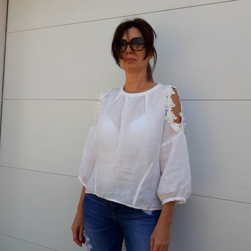 Anthropologie Eri + Ali Jemima White 100% Linen Blouse Cold Shoulder XL Relaxed